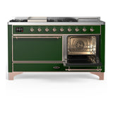 ILVE UM60FSQNR3EGPLP Majestic III 60 inch Dual Fuel Range with 7 Burners, Griddle and French Top, Dual Function Burner with up to 25,000 BTU (Liquid Propane, Solid Door, Emerald Green, Copper)