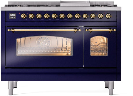 Nostalgie II 48 Inch Dual Fuel Natural Gas Freestanding Range in Blue with Brass Trim