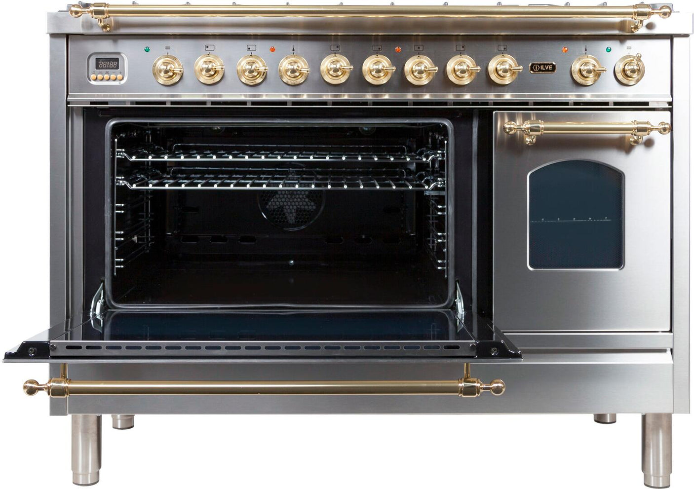 Nostalgie 48 Inch Dual Fuel Liquid Propane Freestanding Range in Stainless Steel with Brass Trim