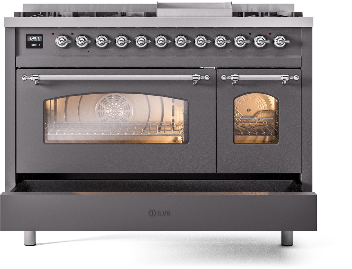 Nostalgie II 48 Inch Dual Fuel Liquid Propane Freestanding Range in Matte Graphite with Chrome Trim