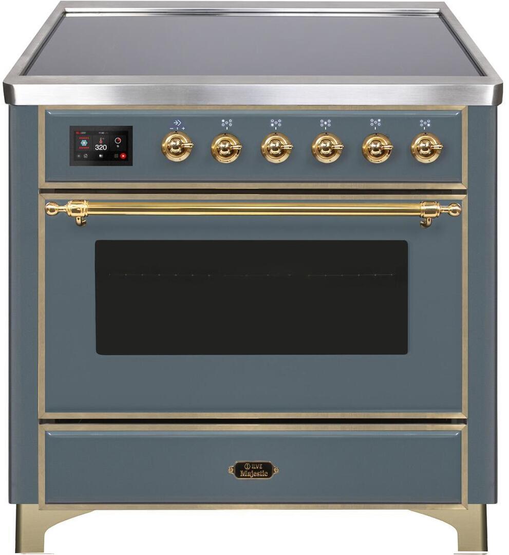 Majestic II 36 Inch Electric Freestanding Range in Blue Grey with Brass Trim