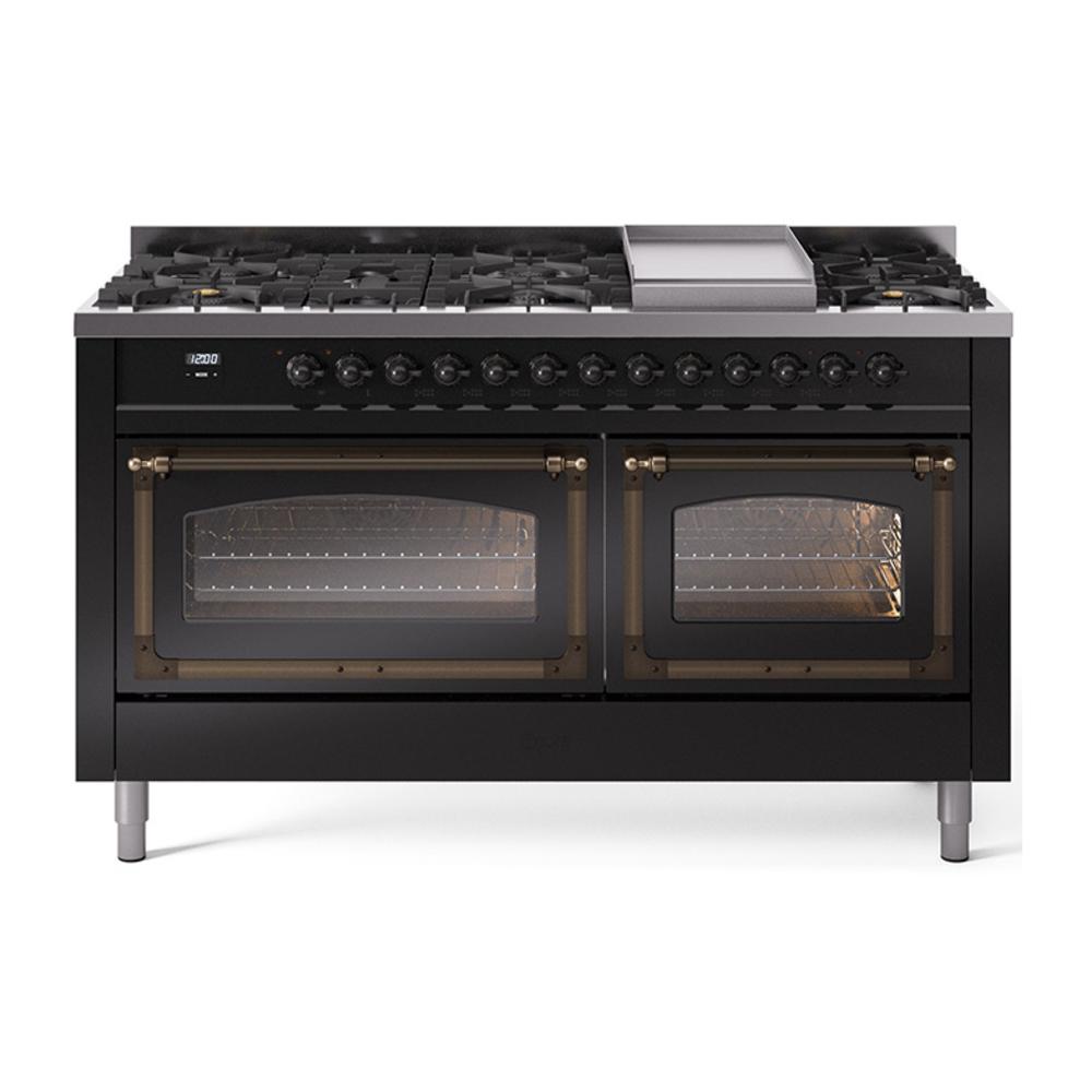ILVE UN60FNMPBKBLP Nostalgie II Noblesse 60 inch Dual Fuel Range (9 Sealed Burners + Griddle, Liquid Propane, Triple Glass Door, Glossy Black, Burnished)