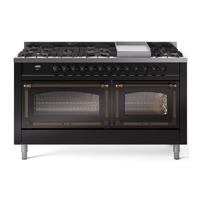ILVE UN60FNMPBKBLP Nostalgie II Noblesse 60 inch Dual Fuel Range (9 Sealed Burners + Griddle, Liquid Propane, Triple Glass Door, Glossy Black, Burnished)