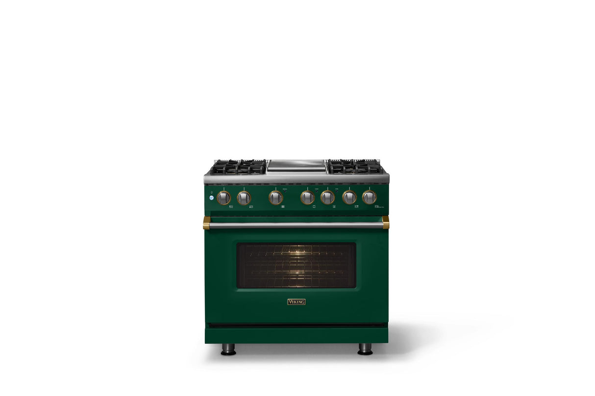 36"W. Dual Fuel Range (Burner: 4g, Finish: Ivy, Trim: Brushed Brass, Fuel: Propane)