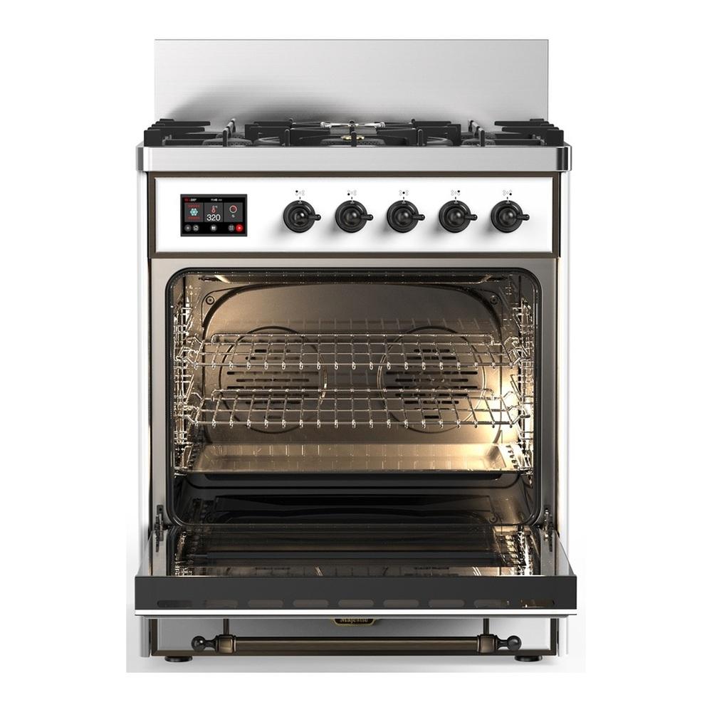 ILVE UM30NR3WHBLP Majestic III 30 inch Dual Fuel Range with 5 Black Brass Burners, Dual Function Burner up to 25,000 BTU (Liquid Propane, Triple Glass Door, White, Burnished)