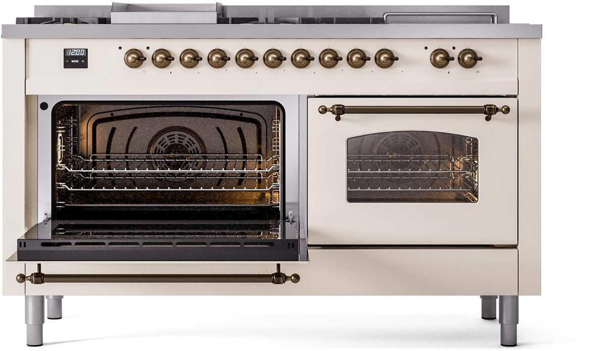 Nostalgie II 60 Inch Dual Fuel Natural Gas Freestanding Range in Antique White with Bronze Trim