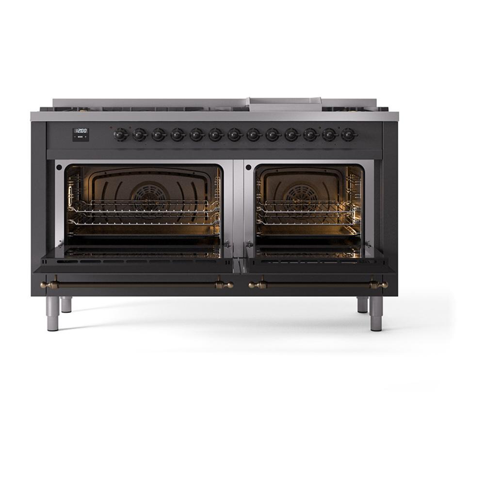 ILVE UN60FQNMPMGBLP Nostalgie II Noblesse 60 inch Dual Fuel Range (9 Sealed Burners + Griddle, Liquid Propane, Solid Door, Graphite Matte, Burnished)