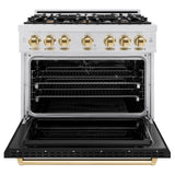 ZLINE Autograph Edition 36 in. 5.2 cu. ft. Classic Dual Fuel Range with 6 Burner Gas Cooktop and Electric Convection Oven in DuraSnow' Stainless Steel with Black Matte Door and Polished Gold Accents (CDRSZ-BLM-36-G)