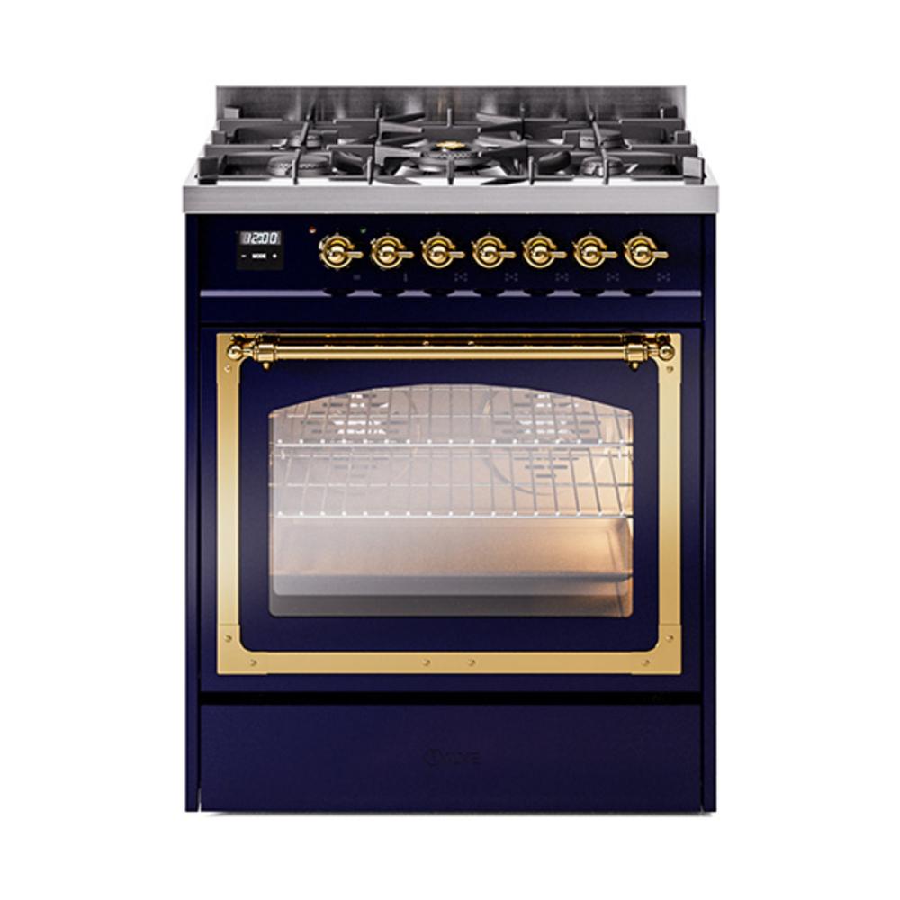 ILVE UN30NMPMBG Nostalgie II Noblesse 30 inch Dual Fuel Range (Natural Gas, Triple Glass Door, Midnight Blue, Brass)