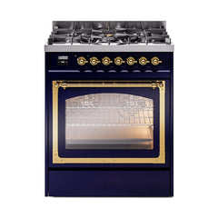 ILVE UN30NMPMBG Nostalgie II Noblesse 30 inch Dual Fuel Range (Natural Gas, Triple Glass Door, Midnight Blue, Brass)
