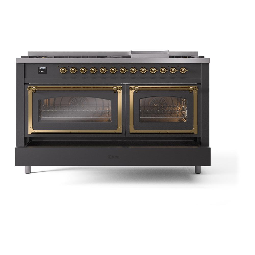 ILVE UN60FNMPMGG Nostalgie II Noblesse 60 inch Dual Fuel Range (9 Sealed Burners + Griddle, Natural Gas, Triple Glass Door, Graphite Matte, Brass)