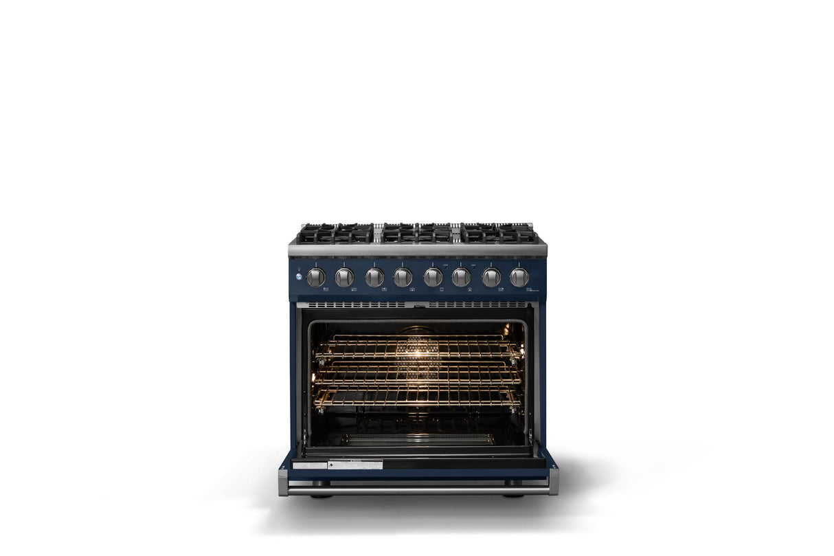 36"W. Dual Fuel Range (Burner: 6b, Finish: Slate Blue, Trim: Polished Chrome, Fuel: Natural Gas)