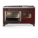 ILVE UM60FNR3BUB Majestic III 60 inch Dual Fuel Range with 9 Burners and Griddle, Dual Function Burner up to 25,000 BTU (Natural Gas, Triple Glass Door, Burgundy, Burnished)