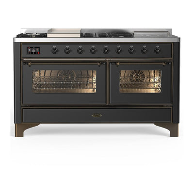 ILVE UM60FSNR3MGBLP Majestic III 60 inch Dual Fuel Range with 7 Burners, Griddle and French Top, Dual Function Burner with up to 25,000 BTU (Liquid Propane, Triple Glass Door, Graphite Matte, Burnished)