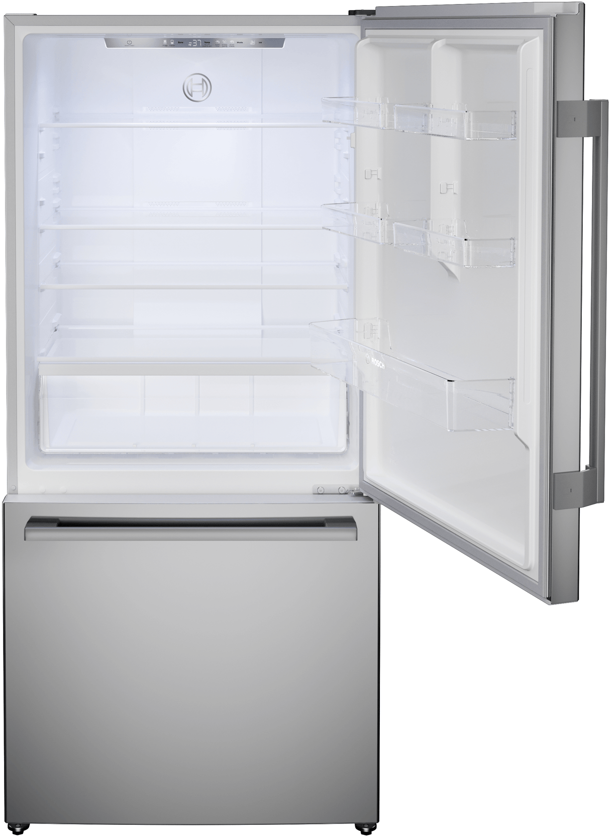 100 Series, free-standing fridge-freezer with freezer at bottom, Brushed steel (with anti-fingerprint), Total No Frost