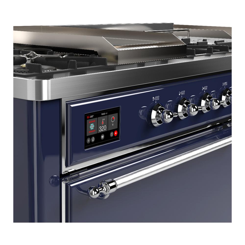 ILVE UM60FSQNR3MBCLP Majestic III 60 inch Dual Fuel Range with 7 Burners, Griddle and French Top, Dual Function Burner with up to 25,000 BTU (Liquid Propane, Solid Door, Midnight Blue, Chrome)