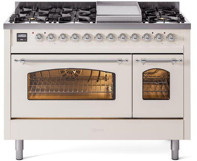 Nostalgie II 48 Inch Dual Fuel Natural Gas Freestanding Range in Antique White with Chrome Trim
