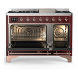 ILVE UM48FQNR3BUPLP Majestic III 48 inch Dual Fuel Range with 8 Burners and Griddle, Dual Function Burner up to 25,000 BTU (Liquid Propane, Solid Door, Burgundy, Copper)