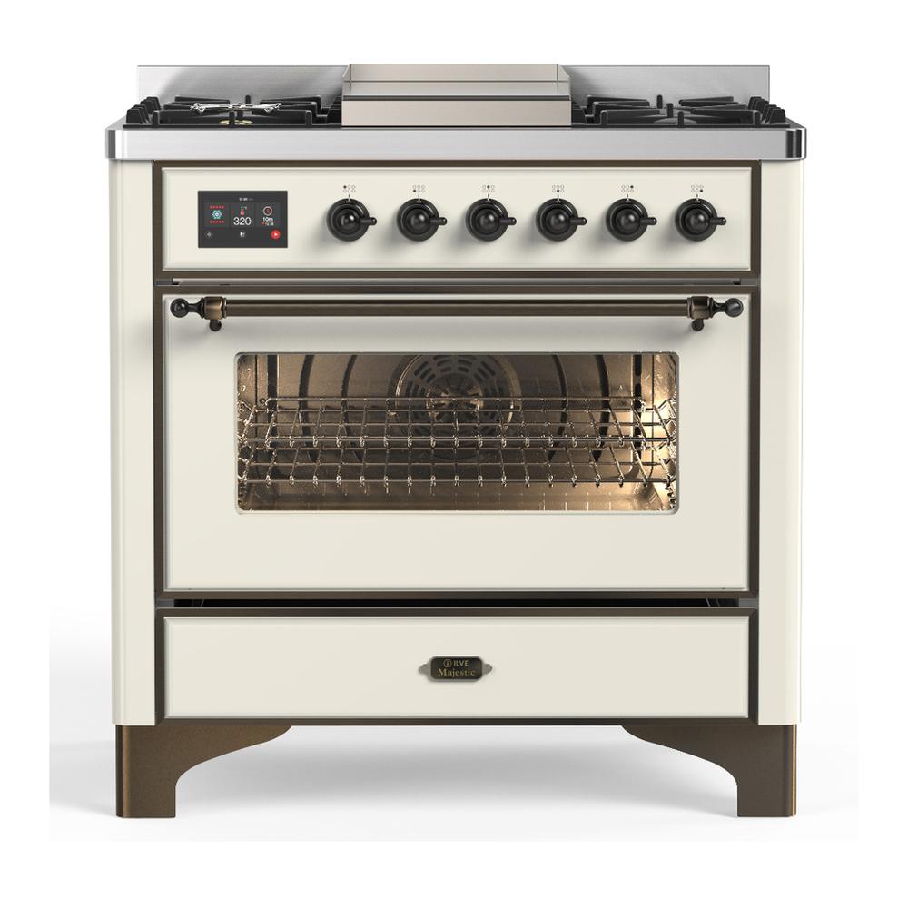 ILVE UM36FNR3AWB Majestic III 36 inch Dual Fuel Range with 6 Black Brass Burners and Griddle, Dual Function Burner up to 25,000 BTU (Triple Glass Door, Antique White, Burnished, Natural Gas)