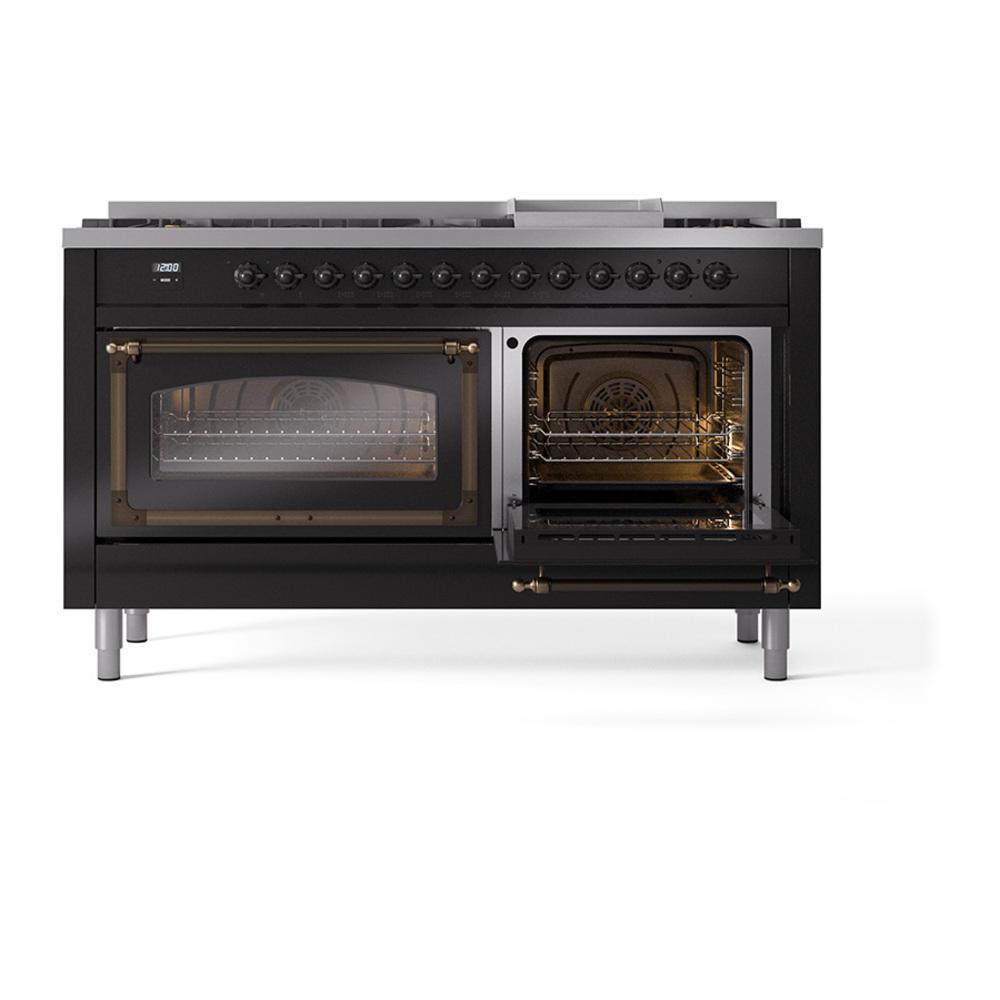 ILVE UN60FNMPBKBLP Nostalgie II Noblesse 60 inch Dual Fuel Range (9 Sealed Burners + Griddle, Liquid Propane, Triple Glass Door, Glossy Black, Burnished)