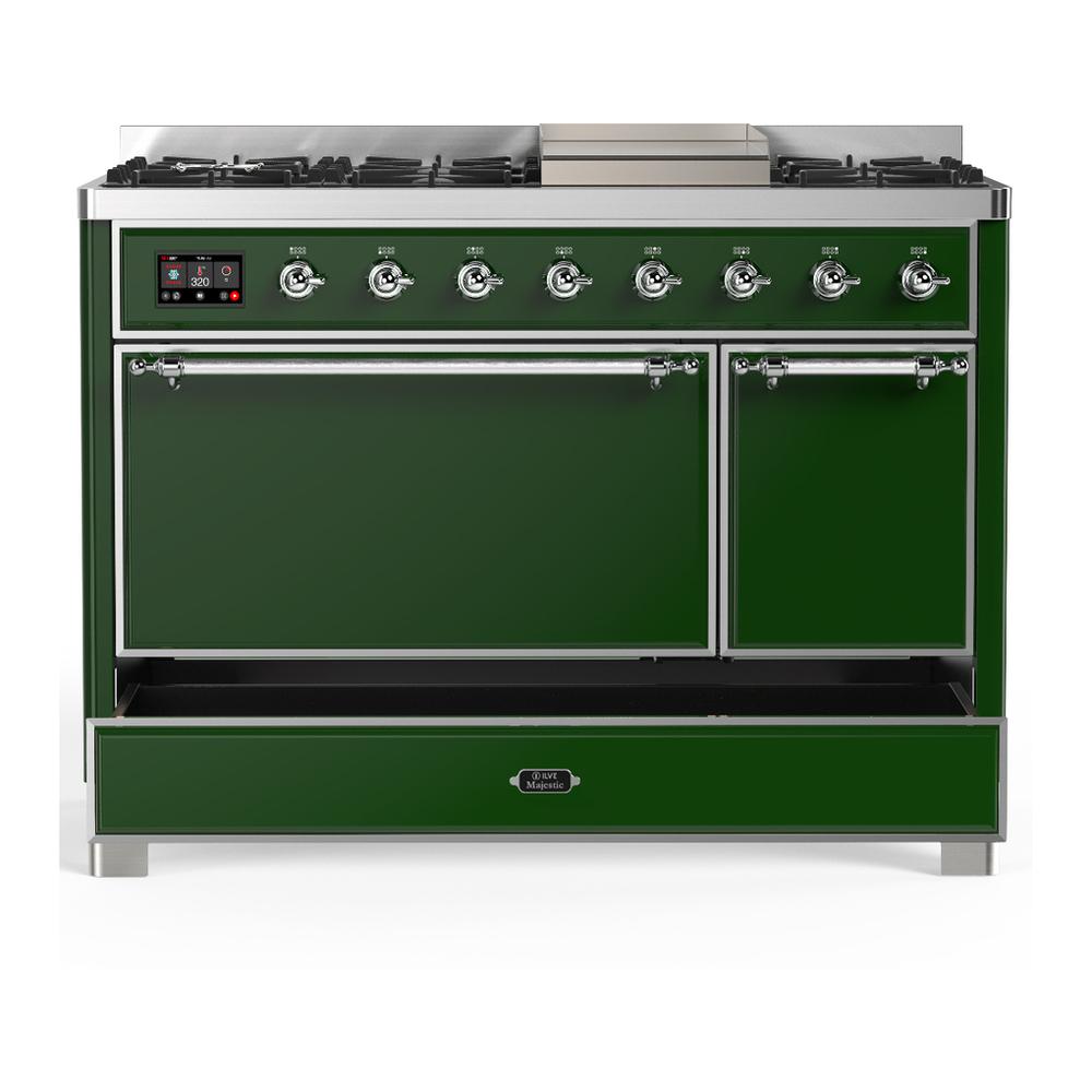 ILVE UM48FQNR3EGC Majestic III 48 inch Dual Fuel Range with 8 Burners and Griddle, Dual Function Burner up to 25,000 BTU (Natural Gas, Solid Door, Emerald Green, Chrome)