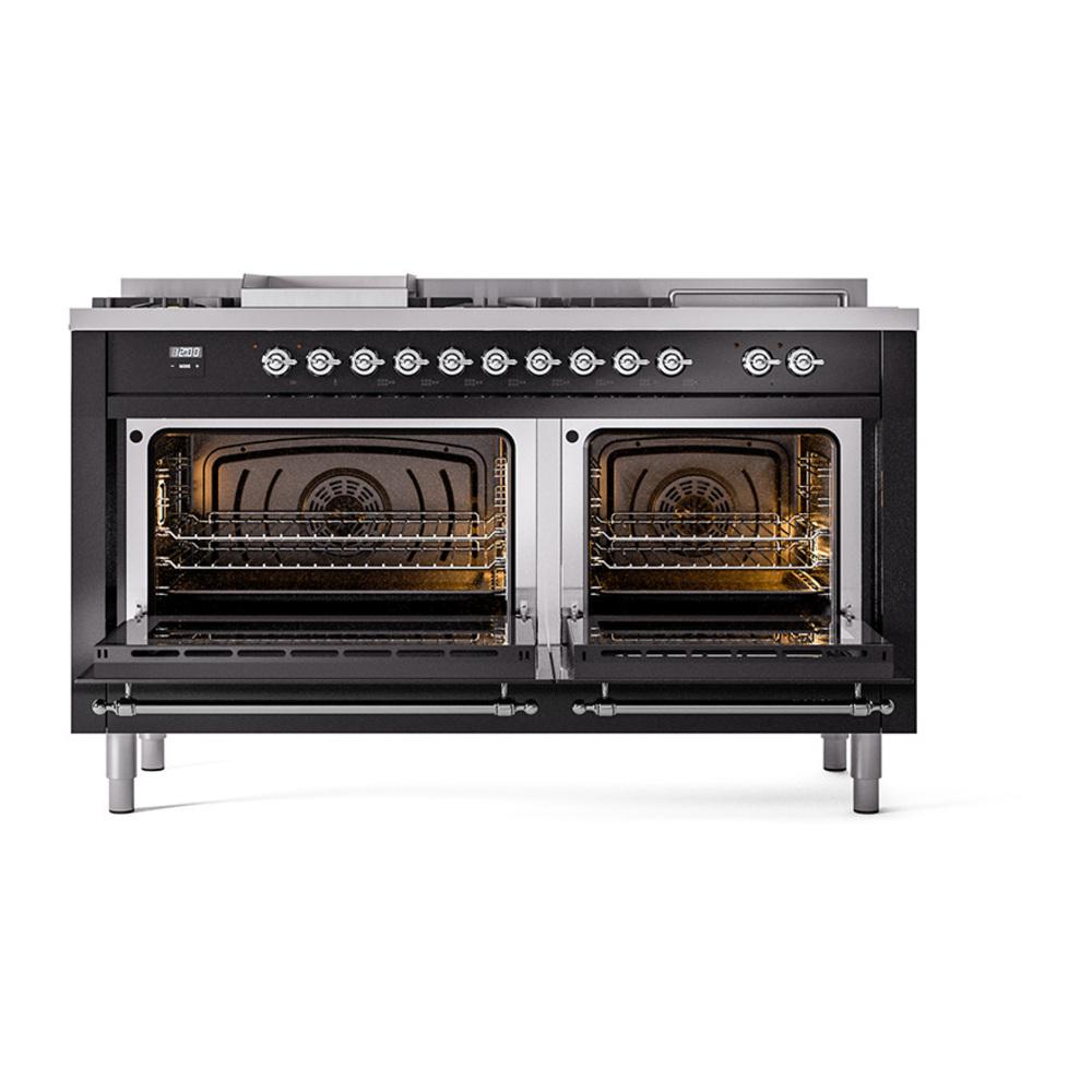 ILVE UN60FSQNMPBKCLP Nostalgie II Noblesse 60 inch Dual Fuel Range (7 Sealed Burners + Griddle + French Top, Liquid Propane, Solid Door, Glossy Black, Chrome)