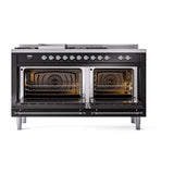 ILVE UN60FSQNMPBKCLP Nostalgie II Noblesse 60 inch Dual Fuel Range (7 Sealed Burners + Griddle + French Top, Liquid Propane, Solid Door, Glossy Black, Chrome)