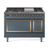 ILVE UN48FQNMPBGG Nostalgie II Noblesse 48 inch Dual Fuel Range (8 Sealed Burners + Griddle, Natural Gas, Solid Door, Blue Grey, Brass)