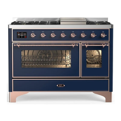 ILVE UM48FNR3MBPLP Majestic III 48 inch Dual Fuel Range with 8 Burners and Griddle, Dual Function Burner up to 25,000 BTU (Liquid Propane, Triple Glass Door, Midnight Blue, Copper)