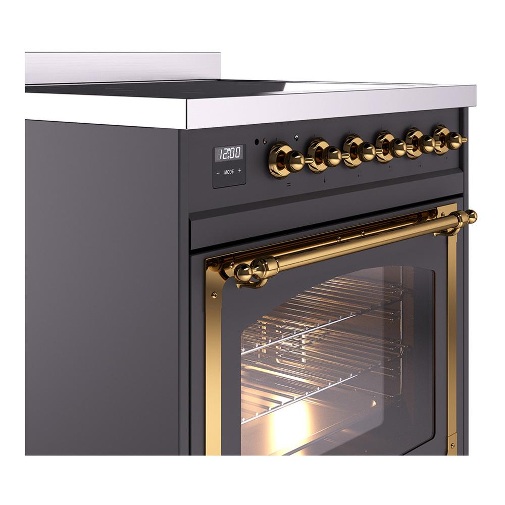 ILVE UNI304NMPMGG Nostalgie II Noblesse 30 inch Induction Range (Triple Glass Door, Graphite Matte, Brass)