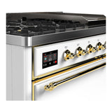 ILVE UM48FQNR3WHGLP Majestic III 48 inch Dual Fuel Range with 8 Burners and Griddle, Dual Function Burner up to 25,000 BTU (Liquid Propane, Solid Door, White, Brass)