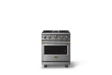30"W. Open Burner Gas Range (Finish: Stainless Steel, Trim: Brushed Brass, Fuel: Propane)