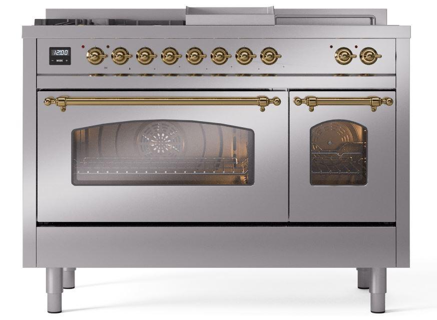Nostalgie II 48 Inch Dual Fuel Natural Gas Freestanding Range in Stainless Steel with Brass Trim