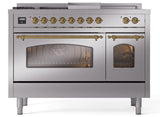 Nostalgie II 48 Inch Dual Fuel Natural Gas Freestanding Range in Stainless Steel with Brass Trim