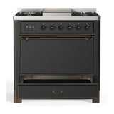ILVE UM36FQNR3MGBLP Majestic III 36 inch Dual Fuel Range with 6 Black Brass Burners and Griddle, Dual Function Burner up to 25,000 BTU (Solid Door, Graphite Matte, Burnished, Liquid Propane)