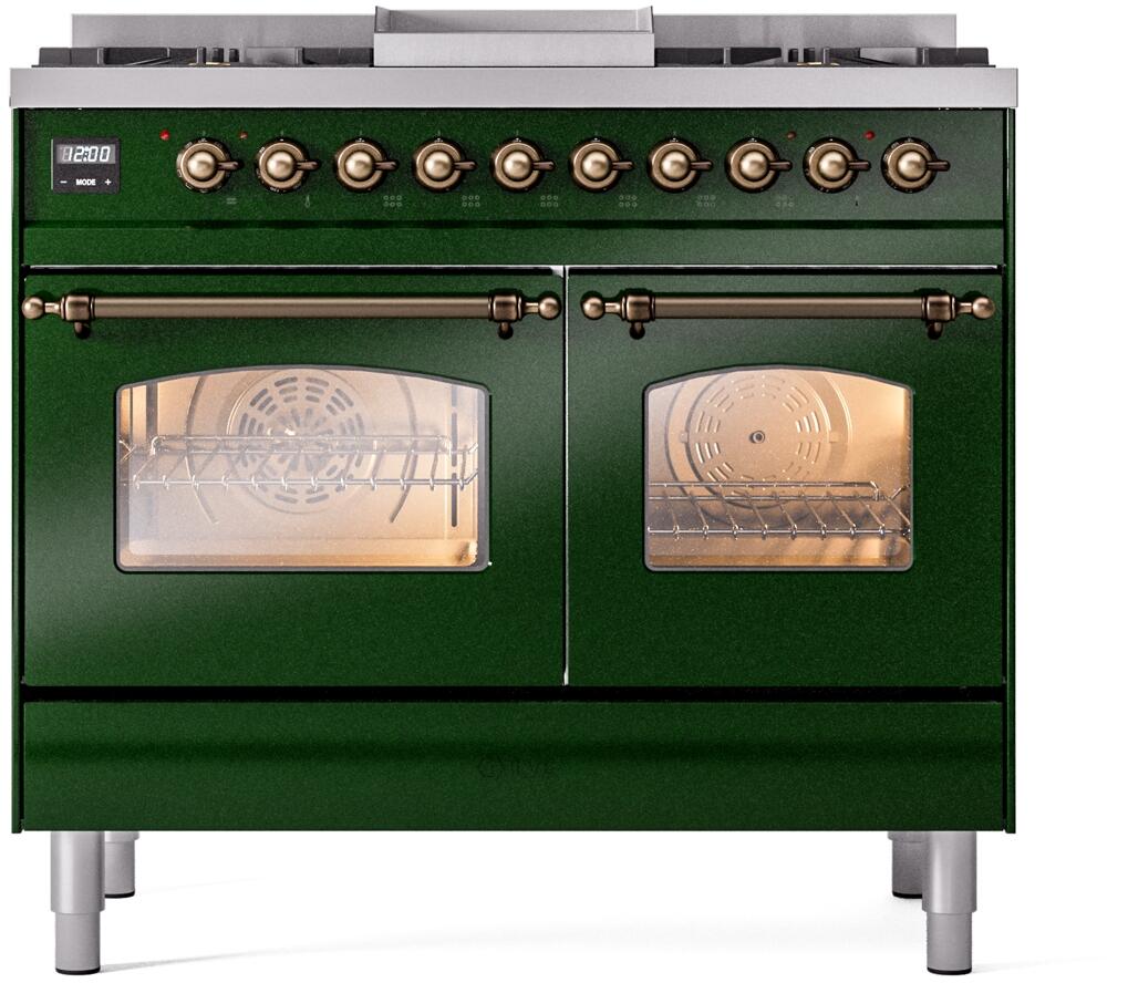 Nostalgie II 40 Inch Dual Fuel Natural Gas Freestanding Range in Emerald Green with Bronze Trim
