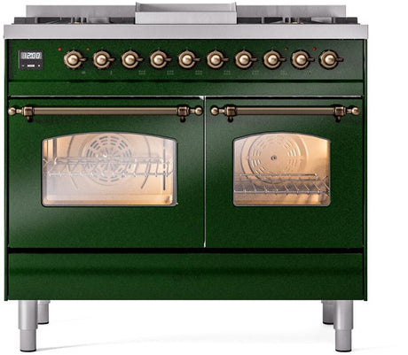 Nostalgie II 40 Inch Dual Fuel Natural Gas Freestanding Range in Emerald Green with Bronze Trim