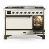 ILVE UM48FQNR3AWB Majestic III 48 inch Dual Fuel Range with 8 Burners and Griddle, Dual Function Burner up to 25,000 BTU (Natural Gas, Solid Door, Antique White, Burnished)