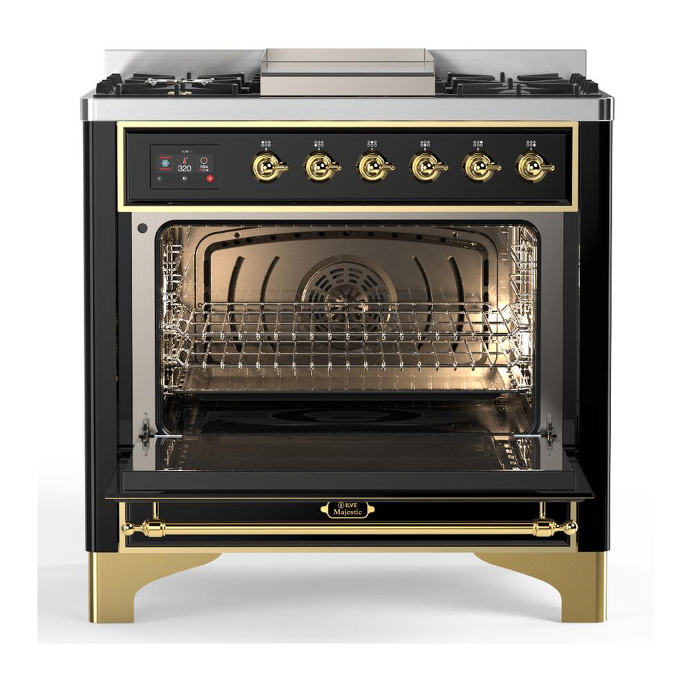 ILVE UM36FQNR3BKG Majestic III 36 inch Dual Fuel Range with 6 Black Brass Burners and Griddle, Dual Function Burner up to 25,000 BTU (Solid Door, Glossy Black, Brass, Natural Gas)
