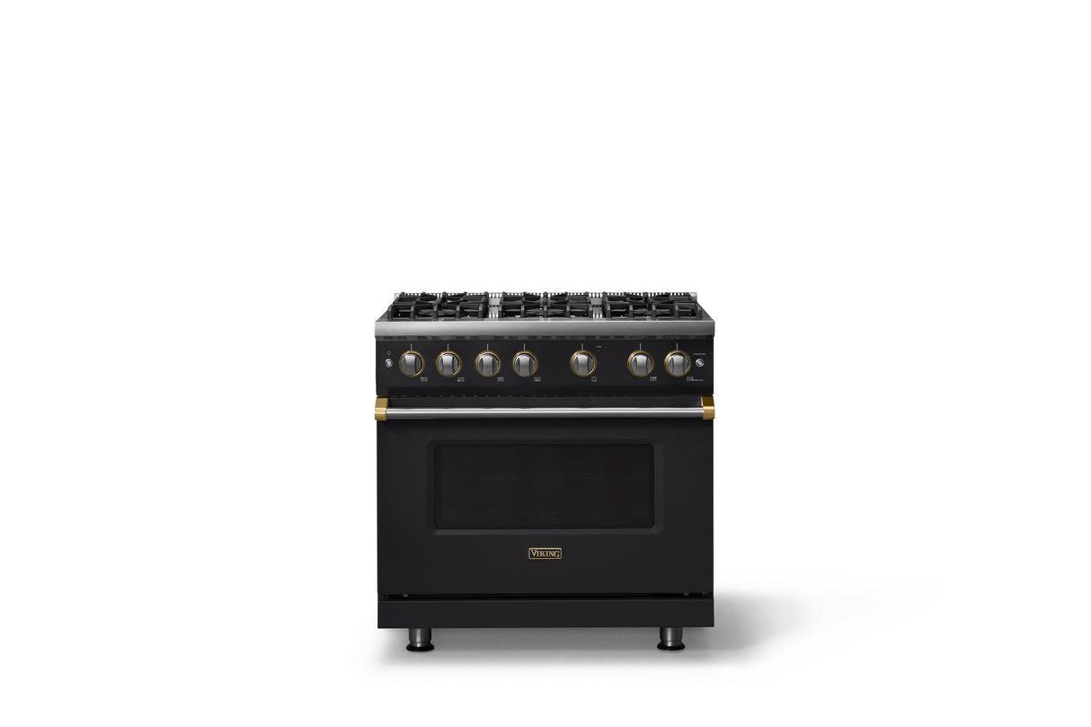 36"W. Sealed Burner Gas Range (Burner: 6b, Finish: Onyx, Trim: Brushed Brass, Fuel: Propane)