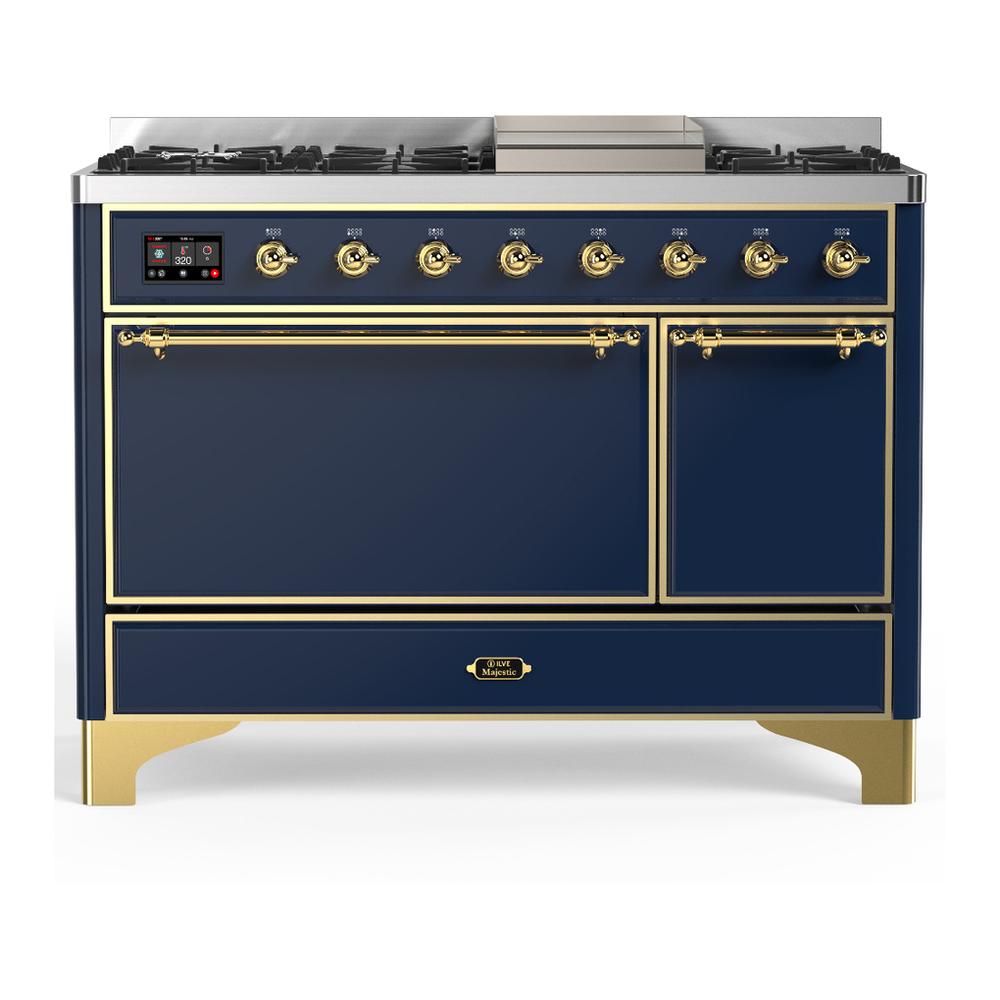 ILVE UM48FQNR3MBG Majestic III 48 inch Dual Fuel Range with 8 Burners and Griddle, Dual Function Burner up to 25,000 BTU (Natural Gas, Solid Door, Midnight Blue, Brass)