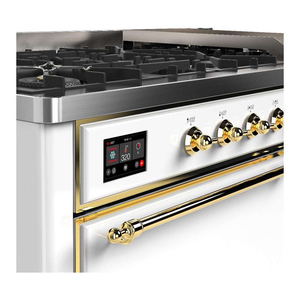 ILVE UM60FQNR3WHGLP Majestic III 60 inch Dual Fuel Range with 9 Burners and Griddle, Dual Function Burner up to 25,000 BTU (Liquid Propane, Solid Door, White, Brass)