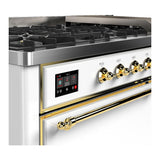 ILVE UM60FQNR3WHGLP Majestic III 60 inch Dual Fuel Range with 9 Burners and Griddle, Dual Function Burner up to 25,000 BTU (Liquid Propane, Solid Door, White, Brass)