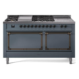 ILVE UN60FSQNMPBGBLP Nostalgie II Noblesse 60 inch Dual Fuel Range (7 Sealed Burners + Griddle + French Top, Liquid Propane, Solid Door, Blue Grey, Burnished)