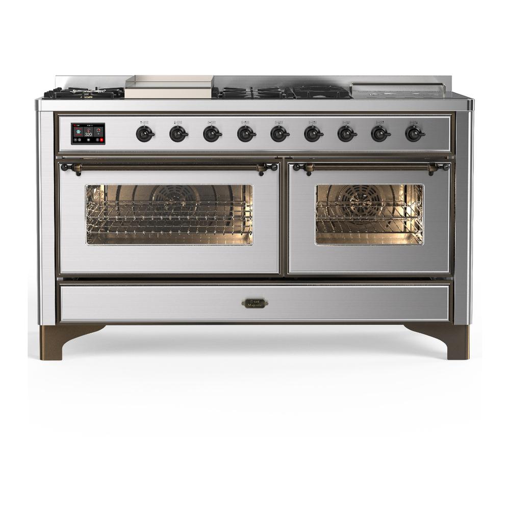 ILVE UM60FSNR3SSB Majestic III 60 inch Dual Fuel Range with 7 Burners, Griddle and French Top, Dual Function Burner with up to 25,000 BTU (Natural Gas, Triple Glass Door, Stainless Steel, Burnished)