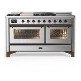 ILVE UM60FSNR3SSB Majestic III 60 inch Dual Fuel Range with 7 Burners, Griddle and French Top, Dual Function Burner with up to 25,000 BTU (Natural Gas, Triple Glass Door, Stainless Steel, Burnished)