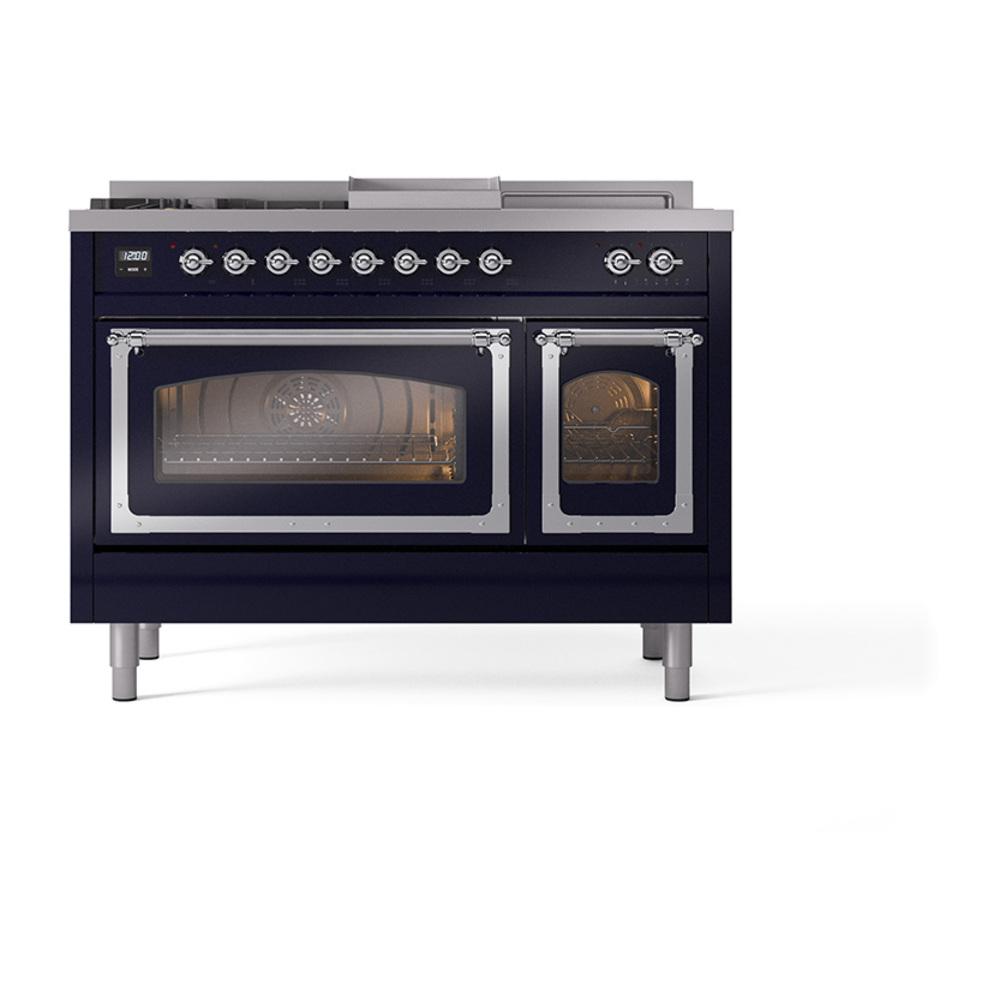 ILVE UN48FSNMPMBC Nostalgie II Noblesse 48 inch Dual Fuel Range (5 Sealed Burners + Griddle + French Top, Natural Gas, Triple Glass Door, Midnight Blue, Chrome)