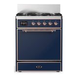 ILVE UM30QNR3MBPLP Majestic III 30 inch Dual Fuel Range with 5 Black Brass Burners, Dual Function Burner up to 25,000 BTU (Liquid Propane, Solid Door, Midnight Blue, Copper)