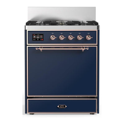 ILVE UM30QNR3MBPLP Majestic III 30 inch Dual Fuel Range with 5 Black Brass Burners, Dual Function Burner up to 25,000 BTU (Liquid Propane, Solid Door, Midnight Blue, Copper)