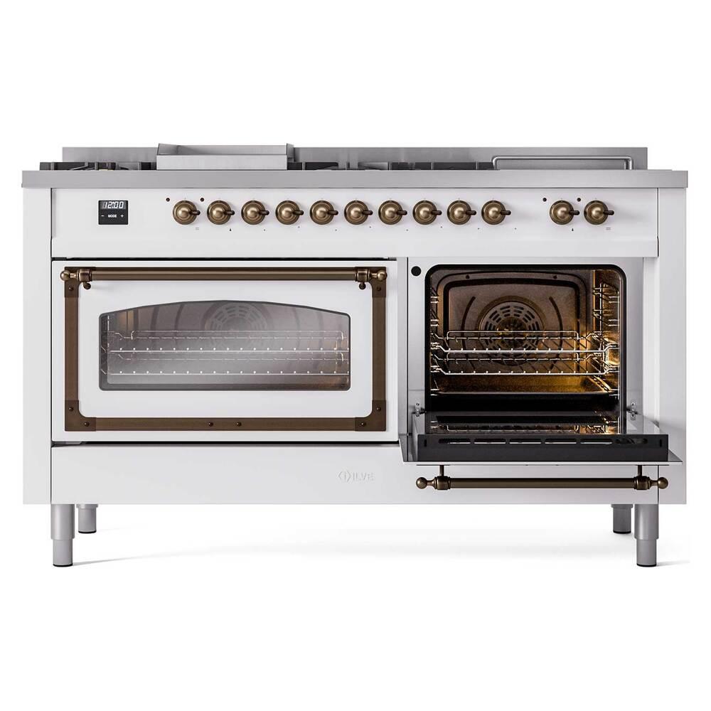 ILVE UN60FSNMPWHBLP Nostalgie II Noblesse 60 inch Dual Fuel Range (7 Sealed Burners + Griddle + French Top, Liquid Propane, Triple Glass Door, White, Burnished)